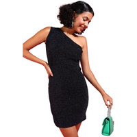 Popwings Casual Assymetrical One-Shoulder Shimmer Bodycon Dress For Women || Latest Stylish Western Bodycon Dress || Knee-Length Summer Bodycon Dresses For Women Navy