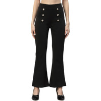 Popwings Casual Solid Bootcut Trouser For Women With Button Pattern || Pull On Bootcut Women Trouser For Summer || Regular Fitted Trouser Pants For Women Black
