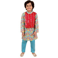 Pspeaches Kids-Boys Sea Green Printed Pleated Pure Cotton Kurta With Churidar