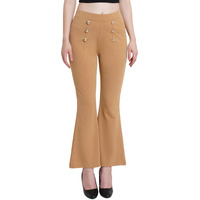 Popwings Casual Solid Bootcut Trouser For Women With Button Pattern || Pull On Bootcut Women Trouser For Summer || Regular Fitted Trouser Pants For Women Camel Brown