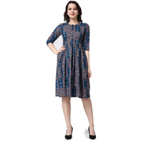 Popwings Casual Printed Peplum-Style Dress For Women || Cotton Summer Dress For Women || 3/4 Sleeves Dress For Women || Riound Neck Printed Cotton Dress For Women Navy