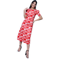 Popwings Casual Abstract Printed Midi Dress For Women | Half-Sleeves Long Dress For Women | Round-Neck Women Stylish Dress Red