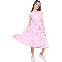 Pspeaches Girl's Cotton Calf Length Dress (Iw-Pinkwhiteprint-12-13Y_Pink