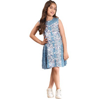 Pspeaches Blue Color Cotton Fabric Dress With Round Neck Stylish Knee Length Girls' Fashion (8-10 Years)