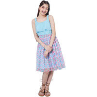 Pspeaches Girl's Geometric Printed Georgette Fit & Flare Blue Dress Trendy Style (8-9Years)
