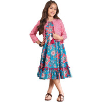 Pspeaches Blue Color Cotton Fabric Dress With Round Neck Stylish Midi Girls' Fashion (8-10 Years)