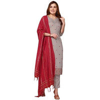 Sanisa Women's Chinnon Embroidery Straight Kurta With Pant And Self Woven Dupatta (54Kbd631Nz-Xxl_Dusty Brown)