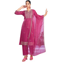 Sanisa Women's Art Silk Sequence And Embroidery Work Straight Kurta With Pant And Dupatta Set (204Kbd2161N-L_Dark Pink)