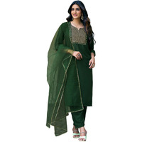 Sanisa Women's Chinnon Sequence Embroidery Work Straight Kurta With Pant And Dupatta (155Kbd1673N-L_Dark Green3)