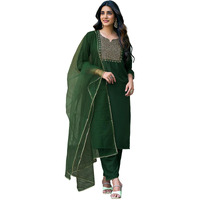 Sanisa Women's Chinnon Sequence Embroidery Work Straight Kurta With Pant And Dupatta Set (155Kbd1673Nr-M_Bottle Green)