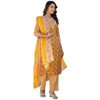 Sanisa Women's Cotton Blend Floral Printed Straight Kurta With Pant And Dupatta Set (231Kbd2441N-M_Mustard Yellow & Red & Green)