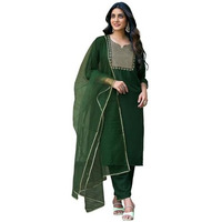 Sanisa Women's Chinnon Sequence Embroidery Work Straight Kurta With Pant And Dupatta Set (155Kbd1673Nr-L_Bottle Green)