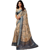 Satrani Women's Linen Zari Border Printed Ready To Wear One Minute Pre Pleated Readymade Saree With Unstitched Blouse Piece (33Rs313N_Cream & Dark Rama Green)