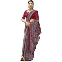 Satrani Women's Pure Cotton Printed Saree With Unstitched Blouse Piece (4228S142N_Maroon & Grey)