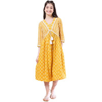 Pspeaches Girls Ethnic Motifs Print Cotton V-Neck A-Line Midi Dress (10-12 Years) Yellow
