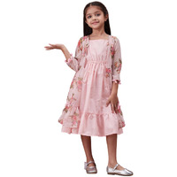 Pspeaches Girls Shoulder Straps Cotton Ethnic Dress With Printed Jacket Peach