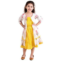 Pspeaches Girls Yellow Striped Cotton Midi Fit And Flare Dress With Printed Shrug (Yellow-4-6Y), 4 Years-6 Years