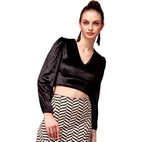 Popwings Casual Black Solid Velvet Crop Top For Women| Full Sleeves V-Neck & Designer Crop Top For Women