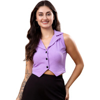 Popwings Lavender Solid Button Clousre V Neck Sleeveless Waistcoat Crop Top