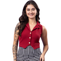 Popwings Maroon Solid Button Clousre V Neck Sleeveless Waistcoat Crop Top