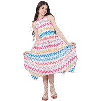 Pspeaches Stylish Girl's Geometric Printed Fit Flare Midi Dress White Color Trendy Outfit Fashionable Kids' Dress (4-5Years)