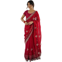 Satrani Women's Simmer Chiffon Embroidery Scalloped Border Saree With Unstitched Blouse Piece (4488S233N_Cherry Red)