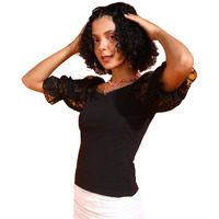 Popwings Women Casual Black Net Sleeve Top