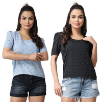 Popwings Casual Floral Printed Round-Neck Puff-Sleeves Tops Combo For Women