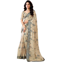 Satrani Women's Linen Printed & Zari Border Ready To Wear Saree With Unstitched Blouse Piece (41Rs361_Dark Beige)