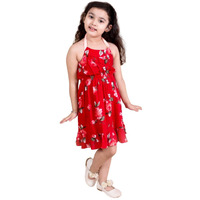 Pspeaches Girls Red Floral Halter Neck Dress Sleeveless Stylish Halter Neck Design(7-8Years)