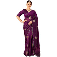 Satrani Women's Silk Blend Weaving Stone Work Scalloped Border Saree With Unstitched Blouse Piece (4195S674N_Wine)