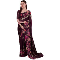 Satrani Women's Georgette Floral Printed Foil Work Saree With Unstitched Blouse Piece (4400S1047N_Wine1)