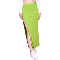 Popwings Women Casual Lime Green Long Slit Self Design Rib Skirt