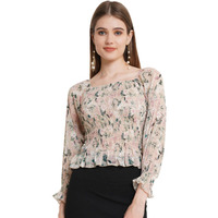 Popwings Casual Floral Print Chiffon Regular Fit Top For Women - Full Sleeves Summer Square Neck Smocking Pattern - Stylish Latest Western Beige