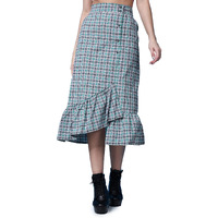 Popwings Casual Check Print Long Flare Skirt For Women | Cotton Skirt For Women Skirt For Women Green