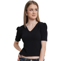 Popwings Casual Solid Puff-Sleeves Crop Top For Women || V-Neck Crop Top For Women || Half-Sleeves Summer Crop Top For Women || Crop Tops For Women Latest Fancy Crop Top For Women Black