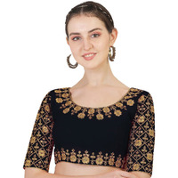 Pujia Mills Women's Phantom Silk Floral Half Sleeve Saree Blouse (Mbb_Black_38 Size+Margin)