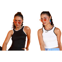 Popwings Casual Solid Round-Neck Sleeveless Summer Wear Tank Tops Combo For Women White Black