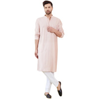 See Designs Men Full Sleeve Side Slit Pink And Gold Chanderi Silk Sequins Mandarin Collar Kurta - Sdkt2432Xl