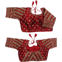 Pujia Mills Women's Indian Ethnic Wear Stitched Designer Golden Codding With Zari Embroidered Work Round Neck Half Sleeve Readymade Padded Saree Blouse Red Readymade Work Blouse