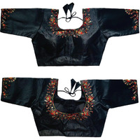 Pujia Mills Women's Silk Embroidery Sequence Work Round Neck Half Sleeve Readymade Blouse