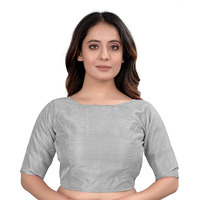 Pujia Mills Women's Slub Silk Boat Neck With Elbow Length Sleeve Plain Fancy Blouse(Slub Silver_M)