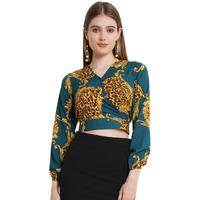 Popwings Casual Animal Print Full Sleeves Crop Top For Women || V-Neck Crop Top For Women || Crop Tops For Women Summer Crop Tops For Women Dark Green