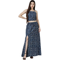 Popwings Casual Bagru Printed Cotton Top And Skirt Co-Ord Set For Women || Pom Pom Top And Long Slit Skirt Dress Set For Women || Two Piece Women Set For Summer Indigo Blue