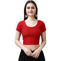 Pujia Mills Women's Readymade Dobby Cotton Lycra Stretchable Round Neck Short Sleeve Blouse Fancy Red Color Lycra Stretchable Blouse For Women Stylish Readymade Saree Blouse