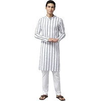 See Designs Men Full Sleeve Side Slit White & Blue Pure Cotton Embroidered Staright Mandarin Collar Kurta - Sd2Mekt_1261M