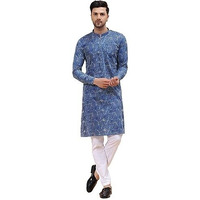 See Designs Blue & White Cotton Regular Fit Mandarin Collar Printed Kurta Set Long Sleeves_Sdkt123201M
