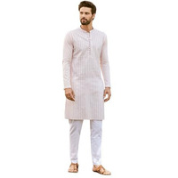 See Designs Men Full Sleeve Pink Cotton Pintex Design Sequins Mandarin Collar Side Slit Kurta - Sdkt2463S