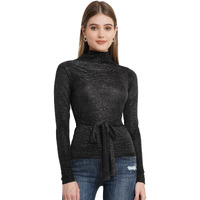 Popwings Women's Solid Regular Fit Shirt (B0C9Cqf9R4_Black Wrinkle