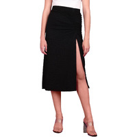 Popwings Women Casual Black Long Slit Self Design Solid Skirt